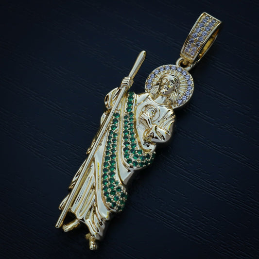 Iced San Judas with Green CZ Diamonds - Gold