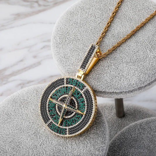 Iced Out 14K Gold Compass Jewelry Navigation Pendant