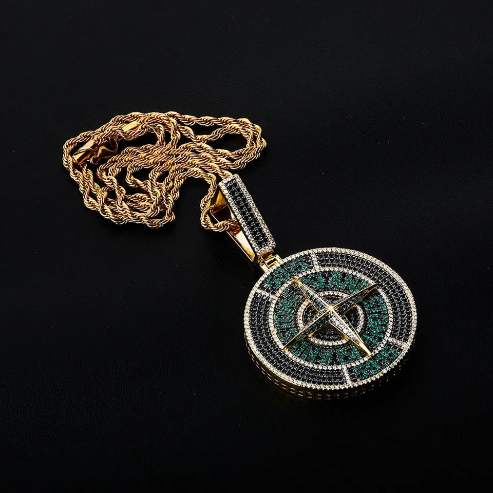 Iced Out 14K Gold Compass Jewelry Navigation Pendant