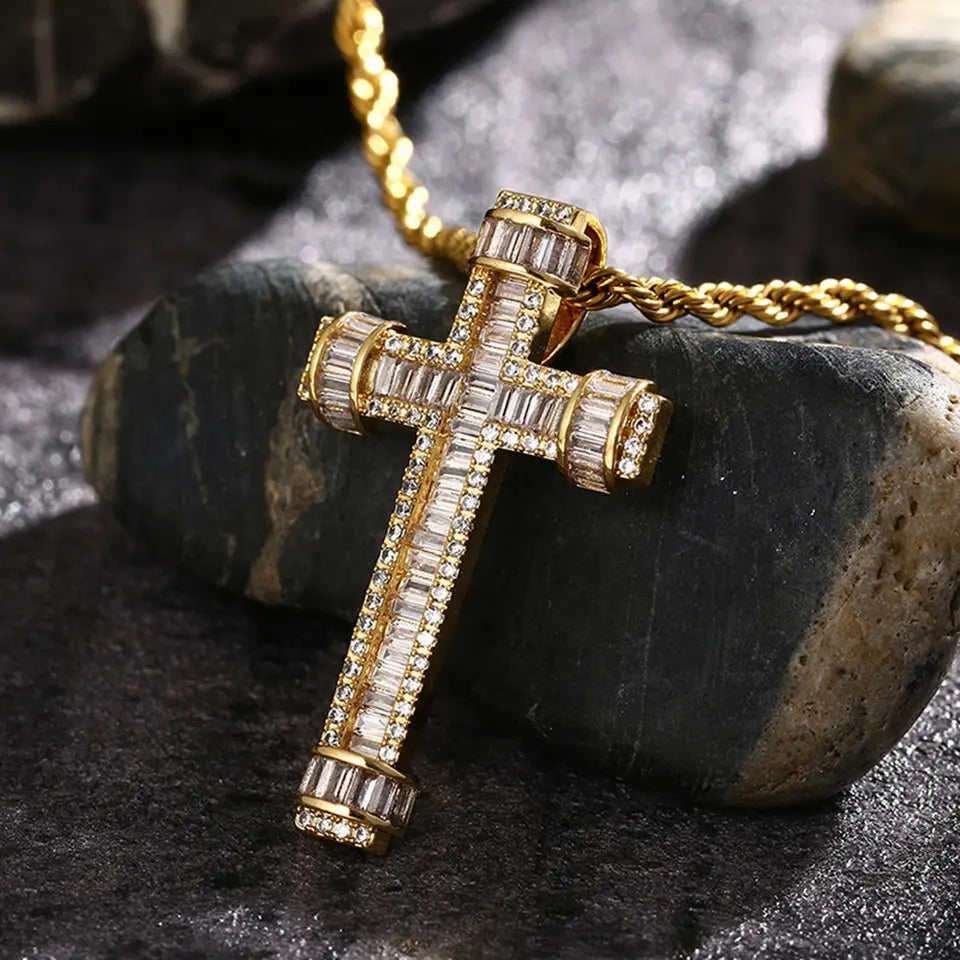 Gold Plated Baguette CZ Diamond Cross Pendant