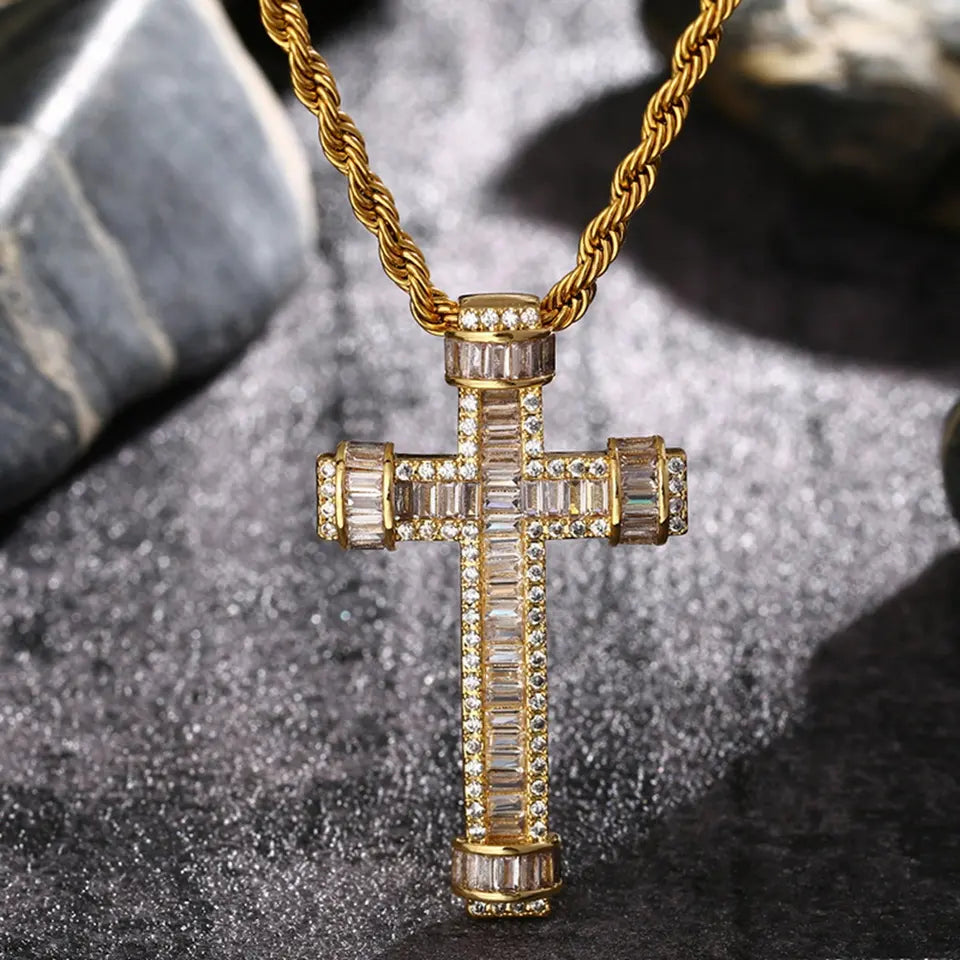 Gold Plated Baguette CZ Diamond Cross Pendant