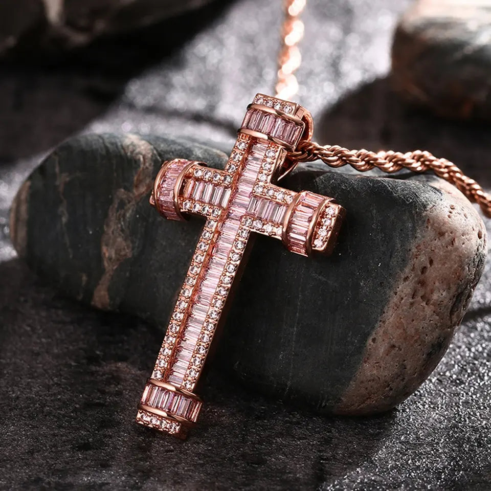 Gold Plated Baguette CZ Diamond Cross Pendant