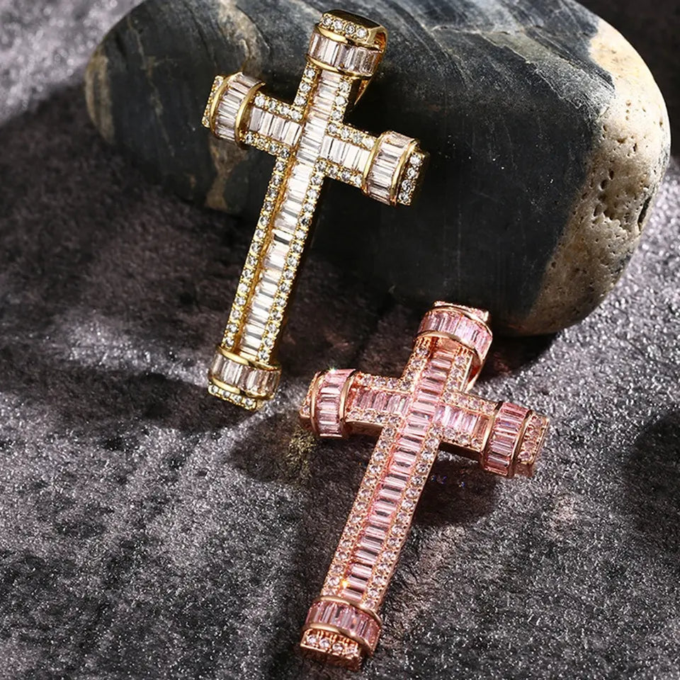 Gold Plated Baguette CZ Diamond Cross Pendant