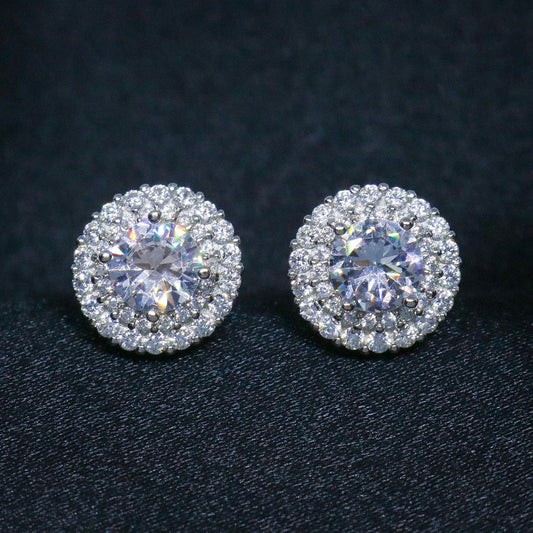 Real 925 Silver - Iced Out Round Diamond Stud Earrings