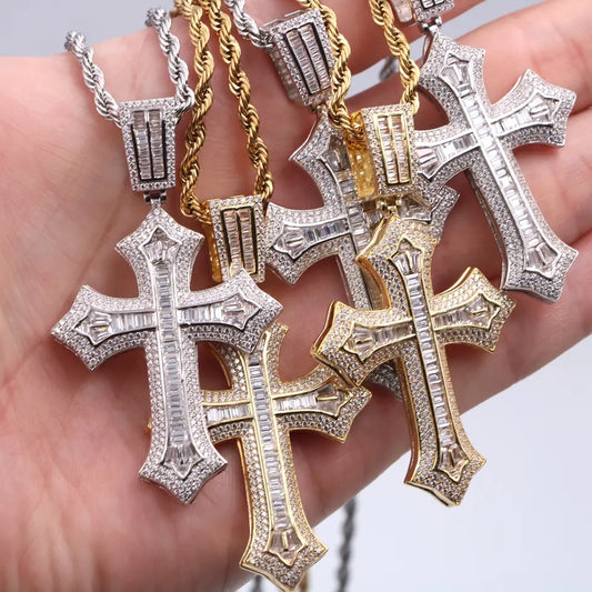 14k Gold Plated Iced Out Baguette Custom Jesus Cross Pendant for Men