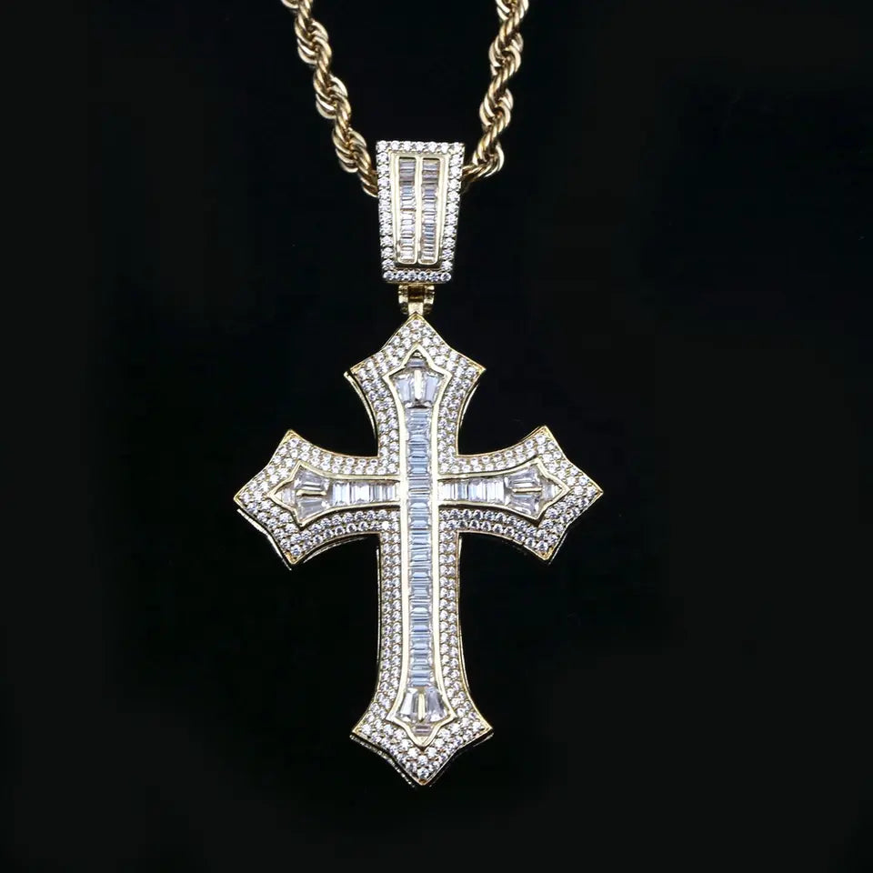 14k Gold Plated Iced Out Baguette Custom Jesus Cross Pendant for Men