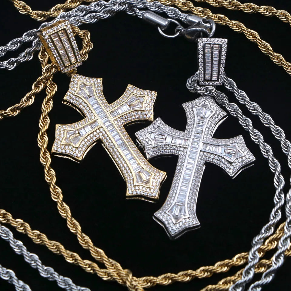 14k Gold Plated Iced Out Baguette Custom Jesus Cross Pendant for Men