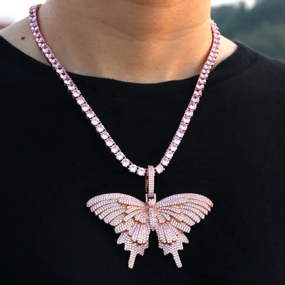 Iced Out Pink Cubic Zirconia Butterfly Pendant