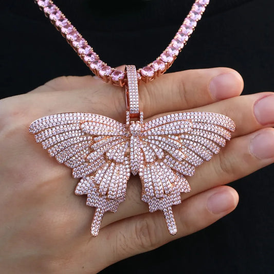 Iced Out Pink Cubic Zirconia Butterfly Pendant