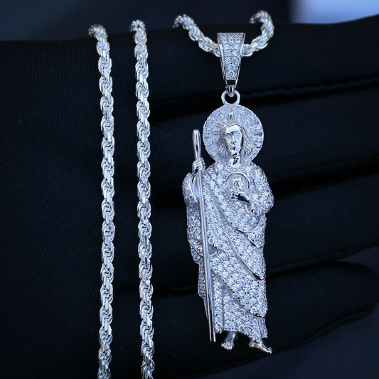 Fully Iced Out San Judas Pendant - Real 925 Silver