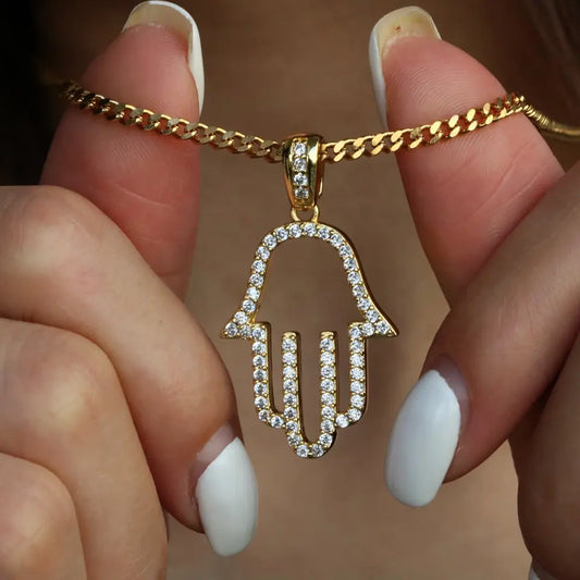 18K Gold Filled Iced Out Hand of Hamsa Charm Pendant Necklace