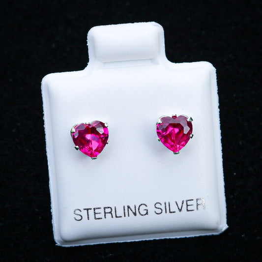 Real 925 Silver - 5mm Heart Cut Ruby CZ Diamond Stud Earrings