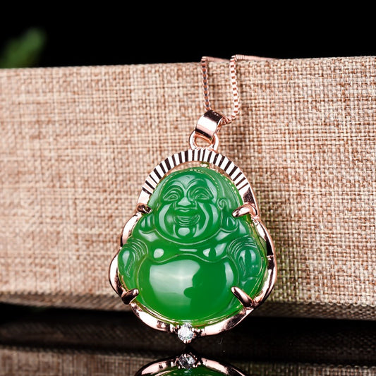 Green Jade Pendant Necklace Hand Carved Buddha Rose Gold 925 Sterling Silver