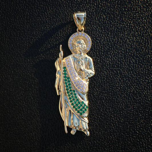 Iced San Judas (White/Green Stones) - 14k Gold