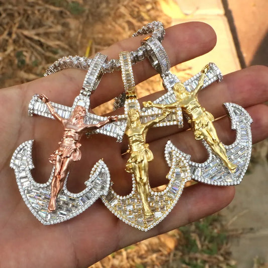 Mixed Colors Baguette Jesus on Metal Boat Anchors Pendant