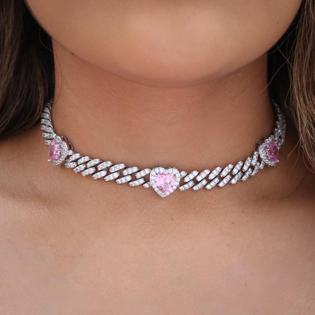 Iced Heart Pink Diamond Cuban Choker - White Gold