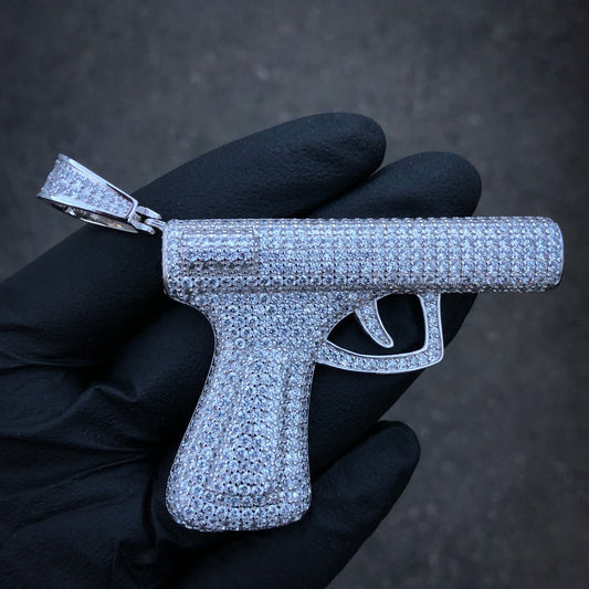 Large Iced out Handgun Pendant - White Gold