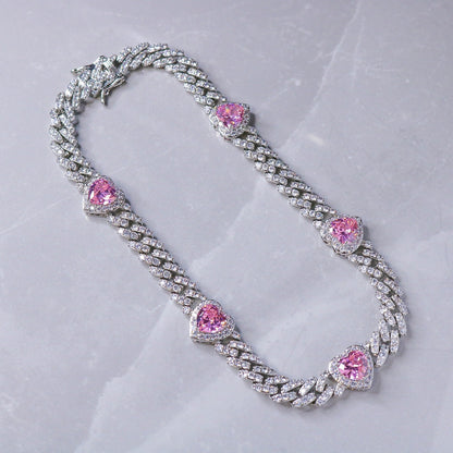 Iced Heart Pink Diamond Cuban Choker - White Gold