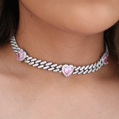 Iced Heart Pink Diamond Cuban Choker - White Gold