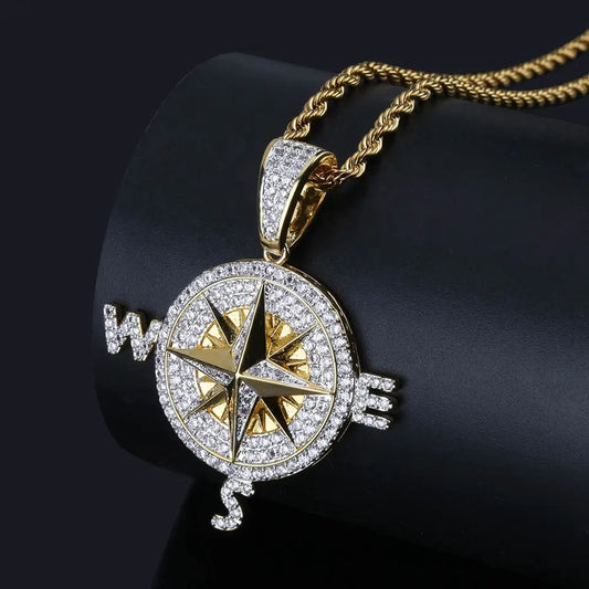 Gold Plated North Star CZ Compass Pendant