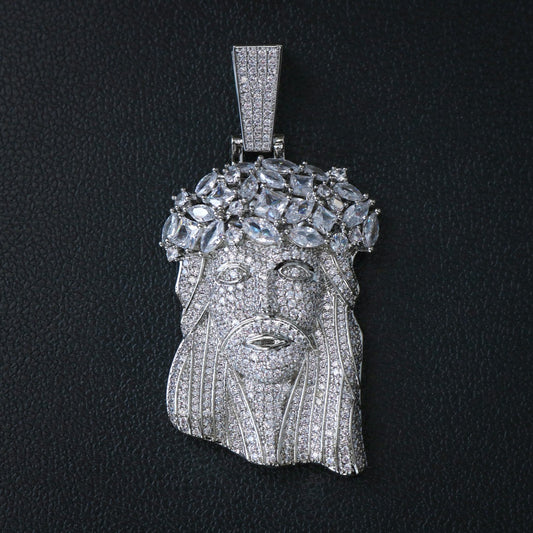 Big Gemstone Jesus Piece - White Gold