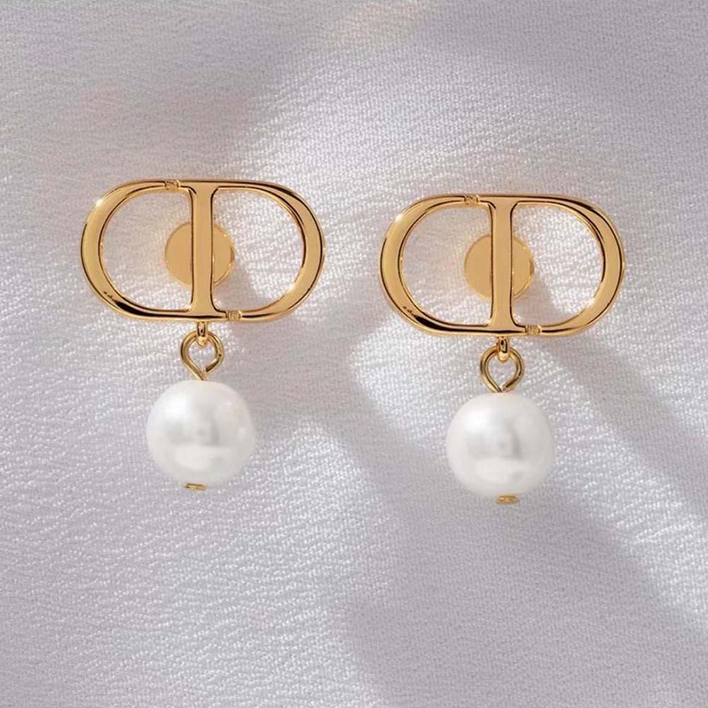 Women Earrings Gold-Finish Metal and White Resin Pearls