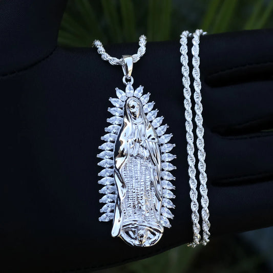 Large Marquise Diamond Virgin Mary Pendant - Real 925 Silver