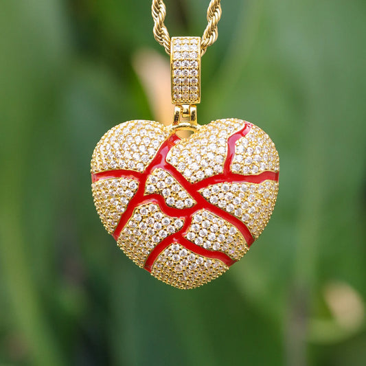 Broken Heart Red Enamel Pendant - Gold