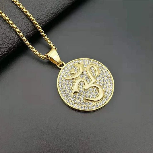 Round Indian Yoga Pendant With Box Chain Gold Color Stainless Steel