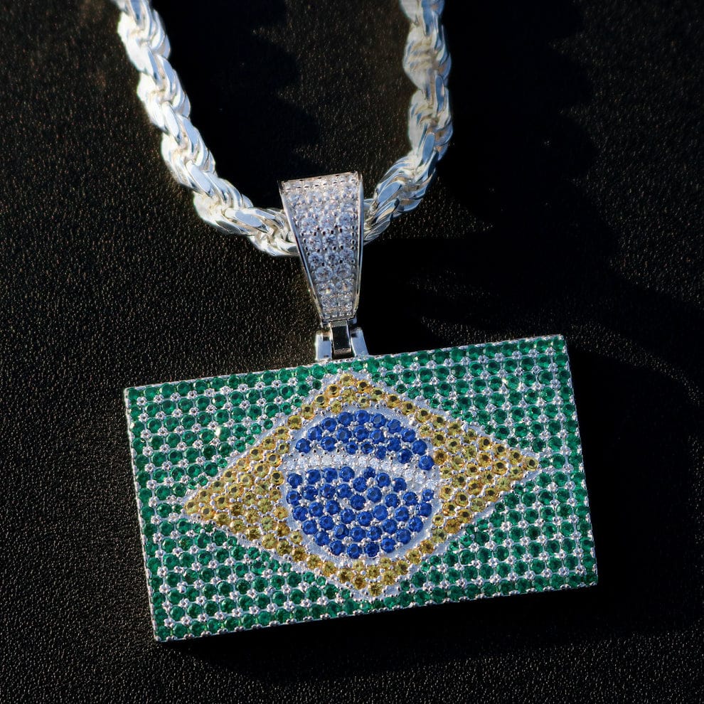 Iced Out Brazil Flag Pendant - Real 925 Silver