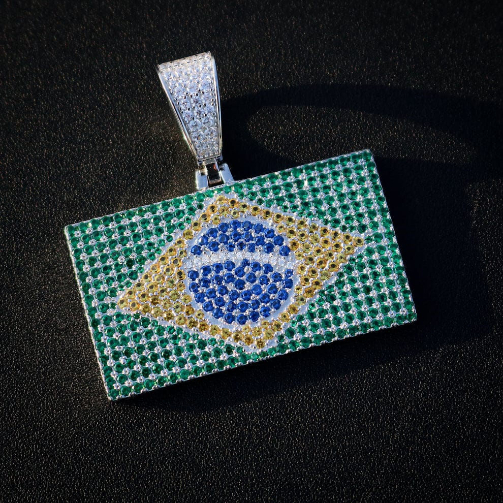 Iced Out Brazil Flag Pendant - Real 925 Silver