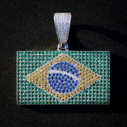 Iced Out Brazil Flag Pendant - Real 925 Silver