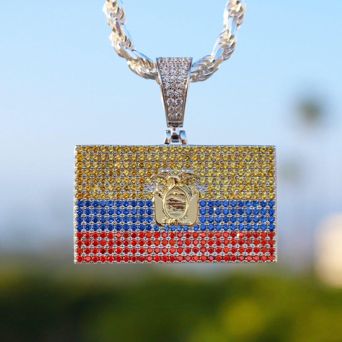 Iced Out Ecuador Flag Pendant - Real 925 Silver