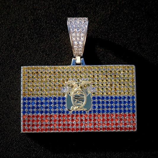 Iced Out Ecuador Flag Pendant - Real 925 Silver