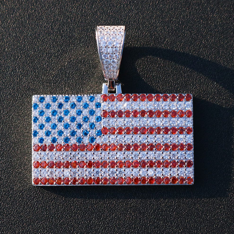 Iced Out USA Flag Pendant - Real 925 Silver