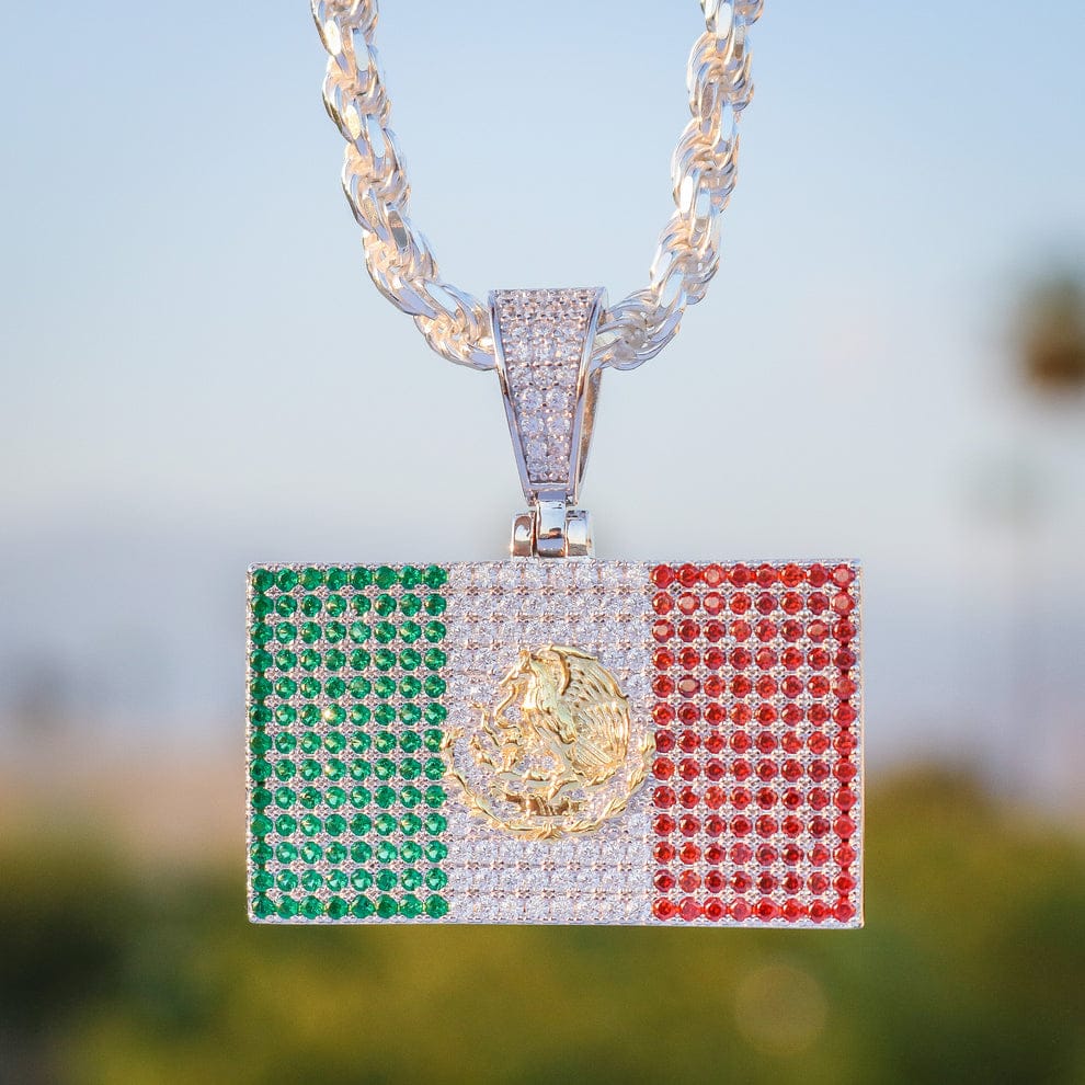 Iced Out Mexican Flag Pendant - Real 925 Silver