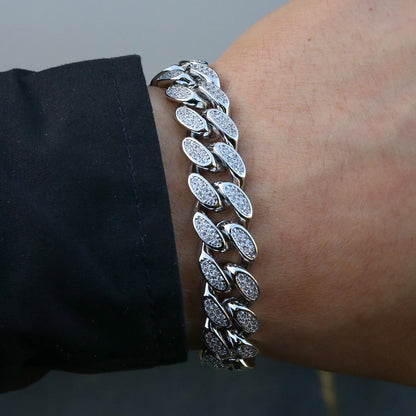 12mm Iced Out Miami Cuban Bracelet - White Gold