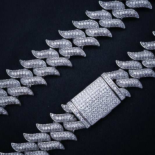 18mm Iced Out Spiked Cuban Chain - White Gold