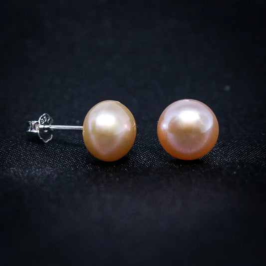 8mm Peach Pink Round Freshwater Pearl Earrings - Real 925 Silver