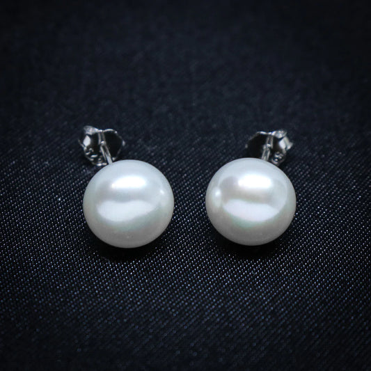 8mm White Round Freshwater Pearl Earrings - Real 925 Silver