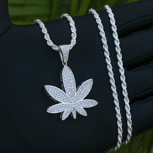 Iced Out Marijuana Leaf Pendant - Real 925 Silver