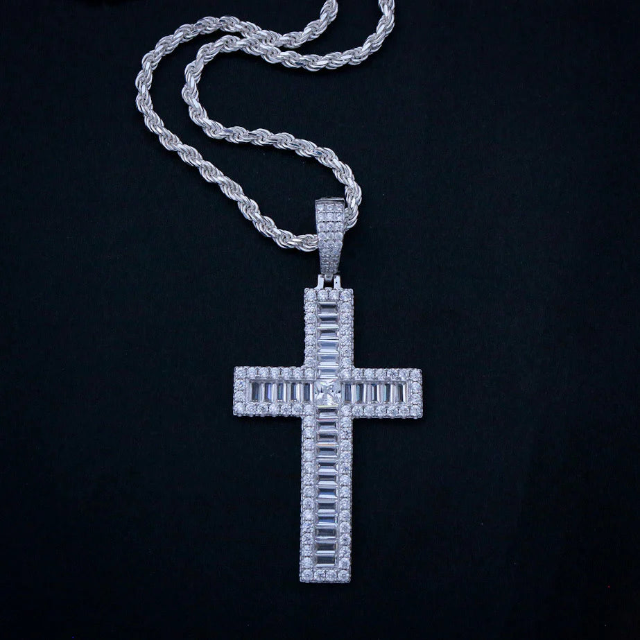 Iced Out Baguette Cross Pendant - Real 925 Silver