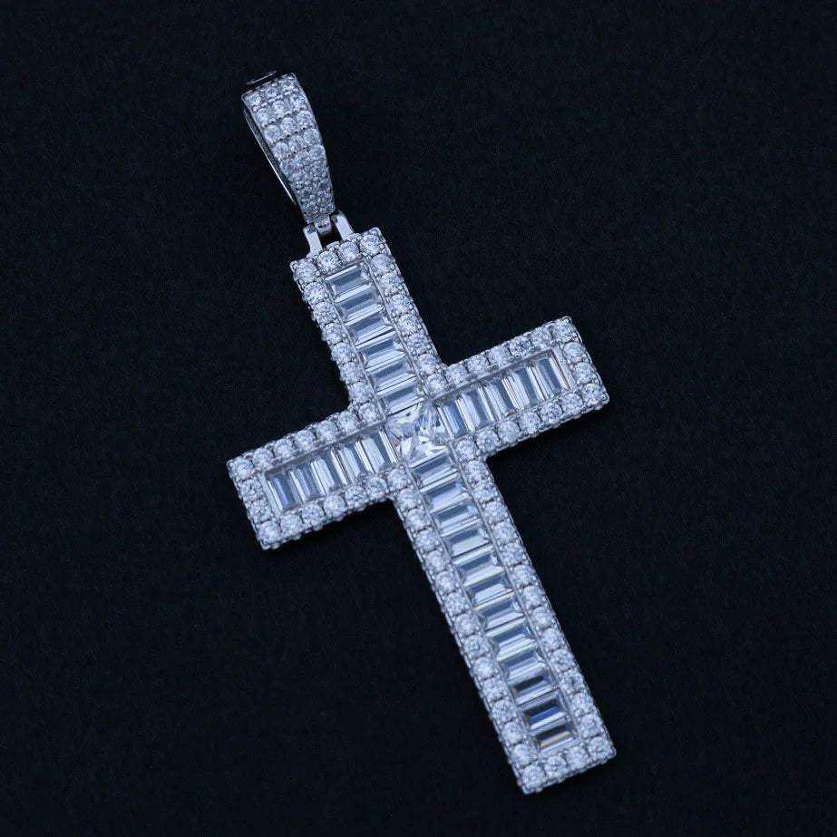 Iced Out Baguette Cross Pendant - Real 925 Silver